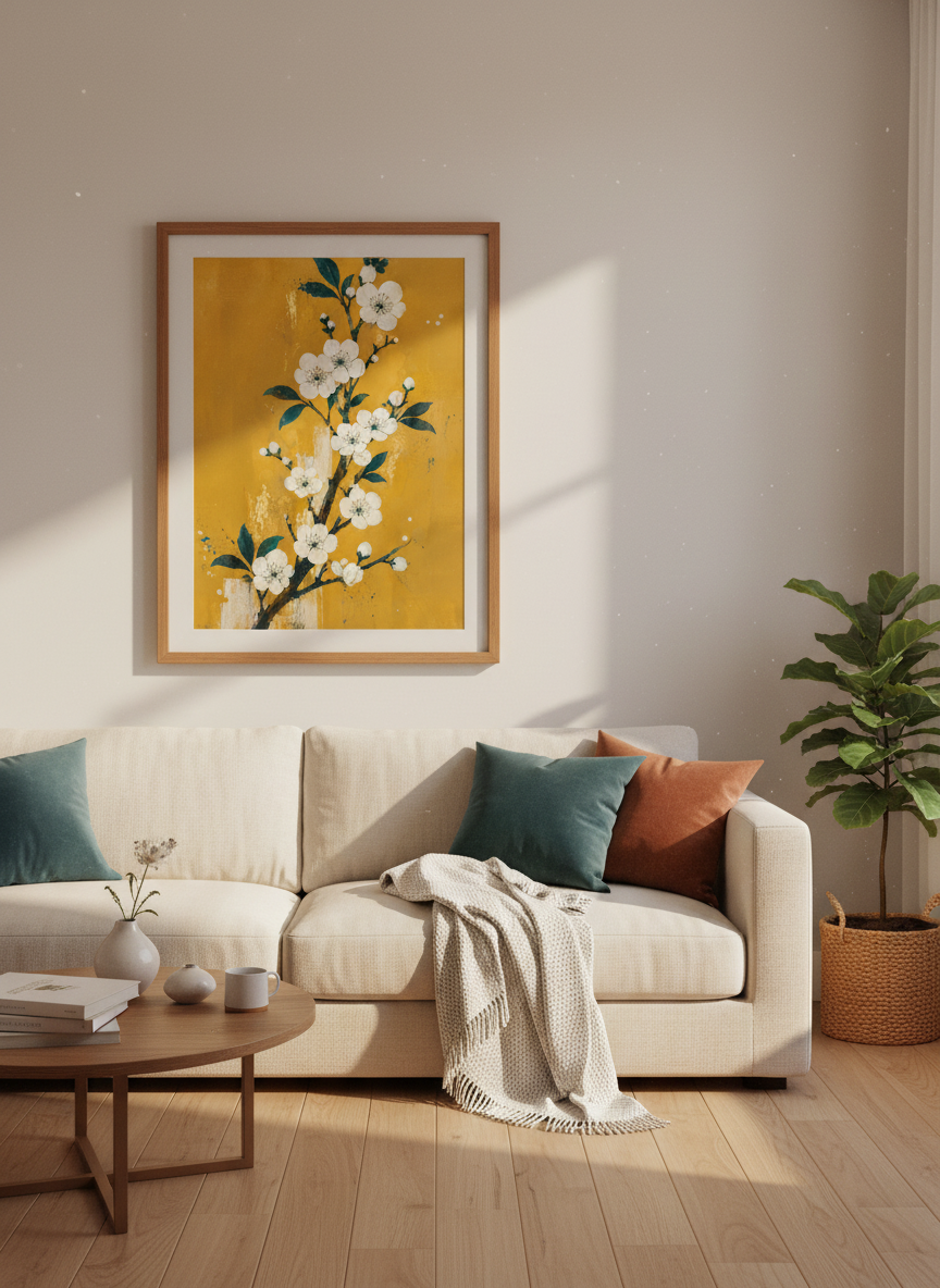 White Cherry Blossom Wall Art | Yellow Botanical Flower Poster | Zen Boho Room Decor