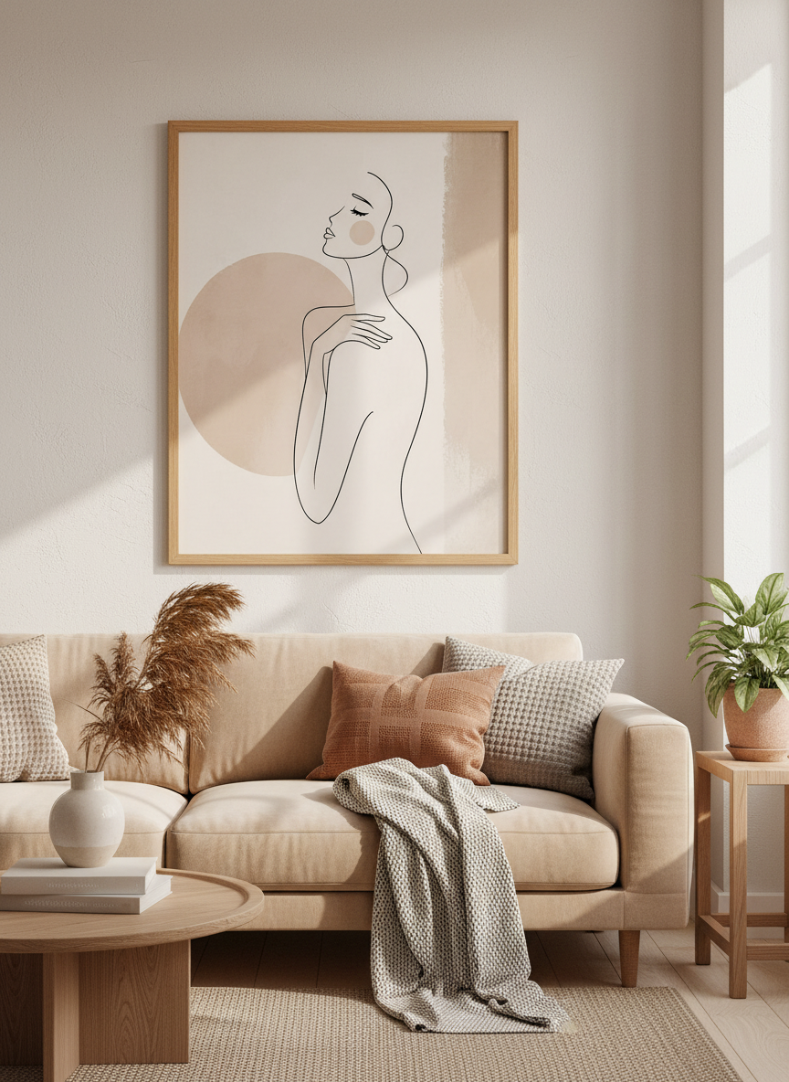 Minimalist Woman Line Art Print | Abstract Nude Figure, Beige Gallery Wall Decor