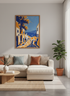 Mediterranean Coastal Village Art | Blue & Orange Travel Poster, Living Room Decor