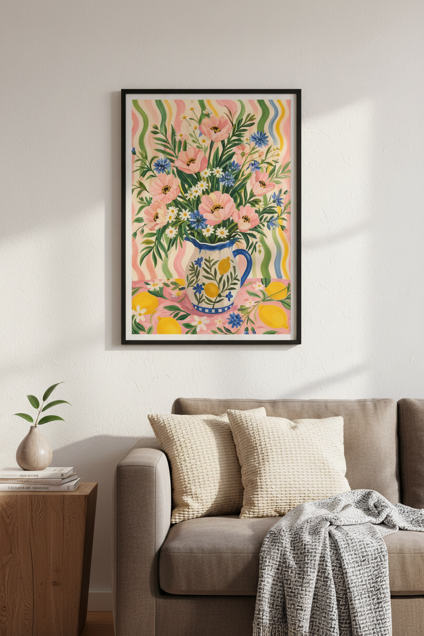 lemon floral print | pastel cottage kitchen decor, cheerful poster