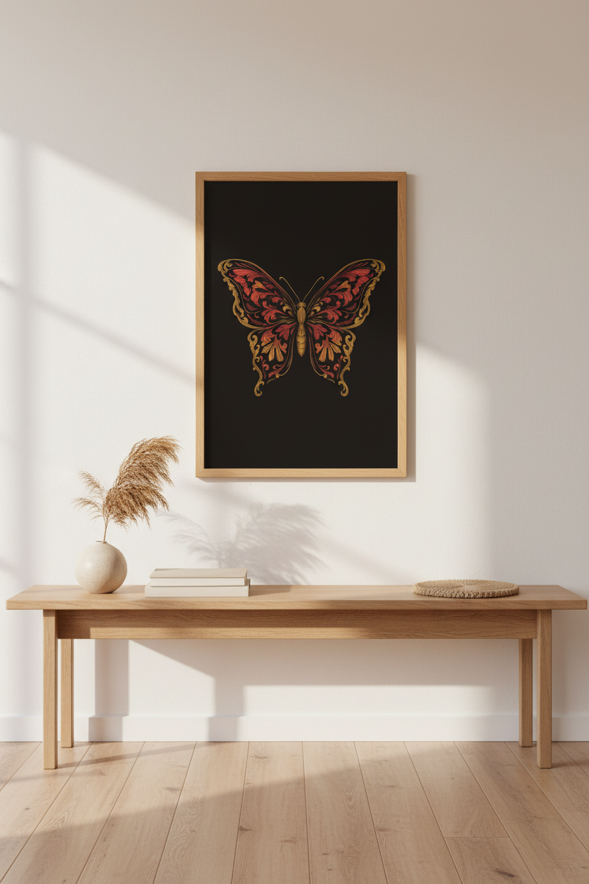 Ornate Butterfly Framed Wall Art | Dark Academia Home Decor | Gold &amp; Red Aesthetic Poster | Ready to Hang Insect Art