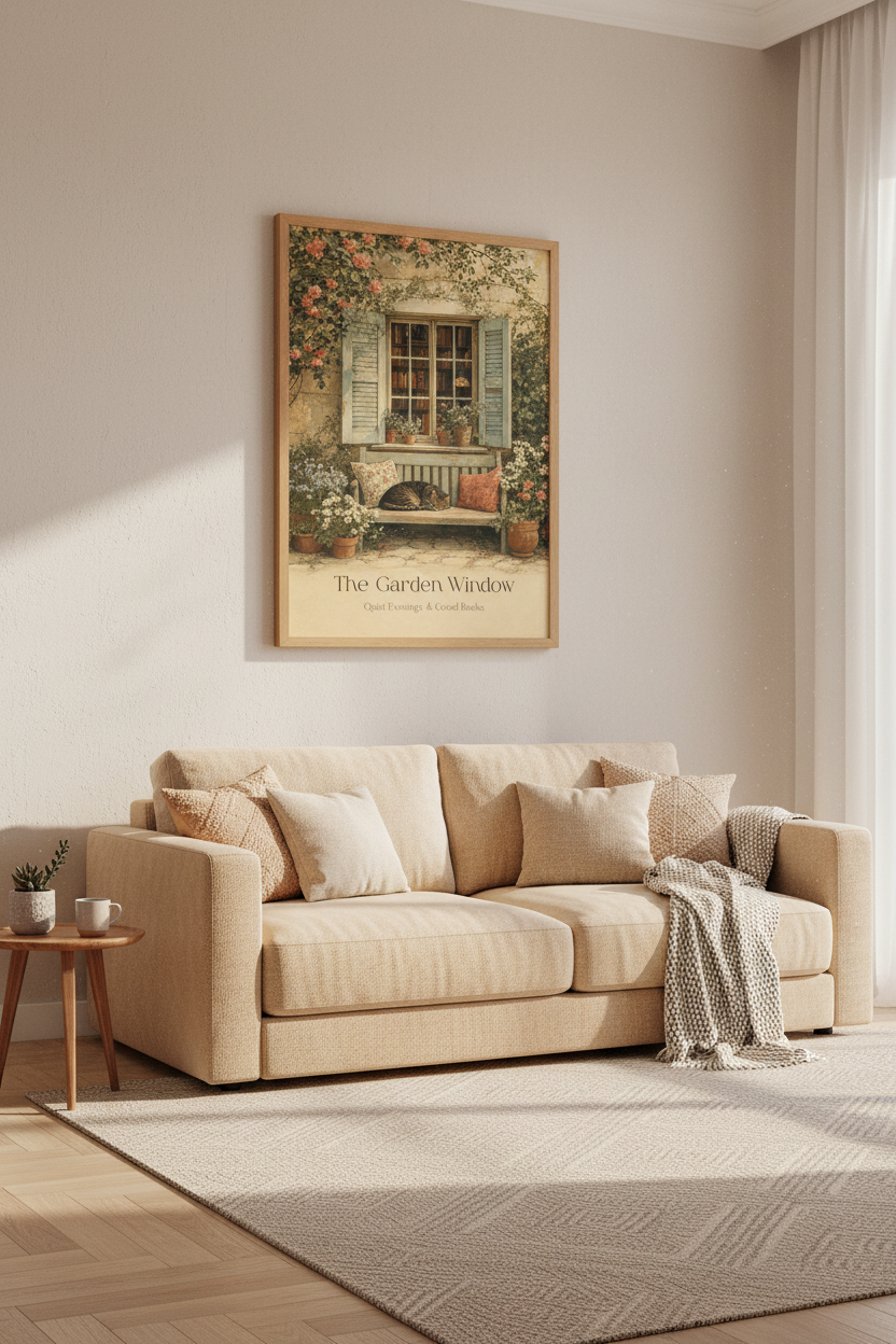 Cat in Garden Window Art | Vintage Cottagecore Poster, Cozy Library Room Decor