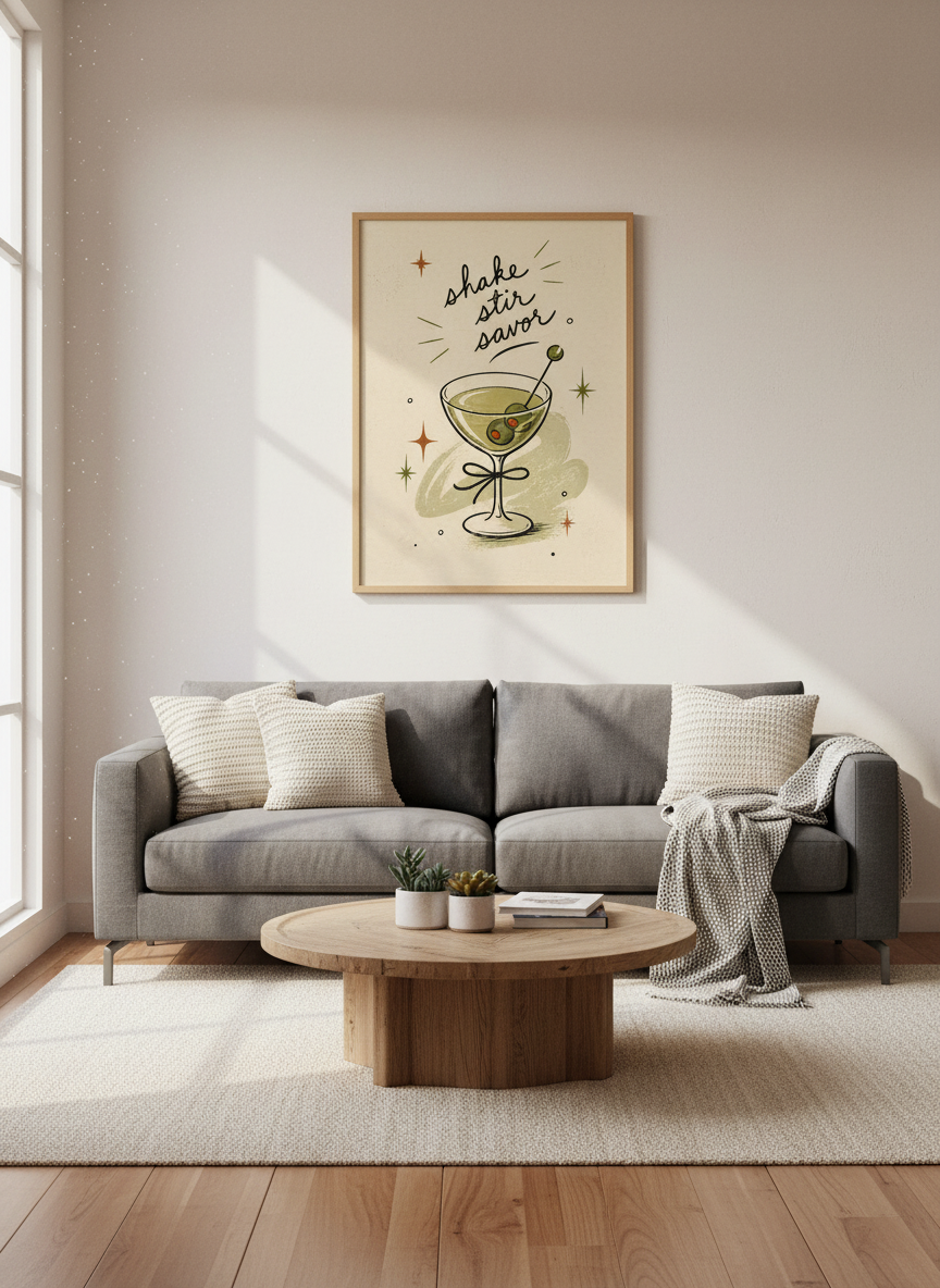 Retro Martini Glass Art | Mid Century Modern Bar Decor, Kitchen Poster