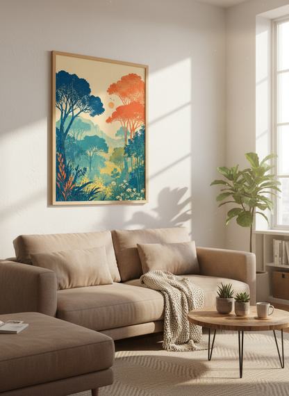 Modern Forest Landscape Art | Teal &amp; Orange Mid Century Poster, Nature Wall Decor