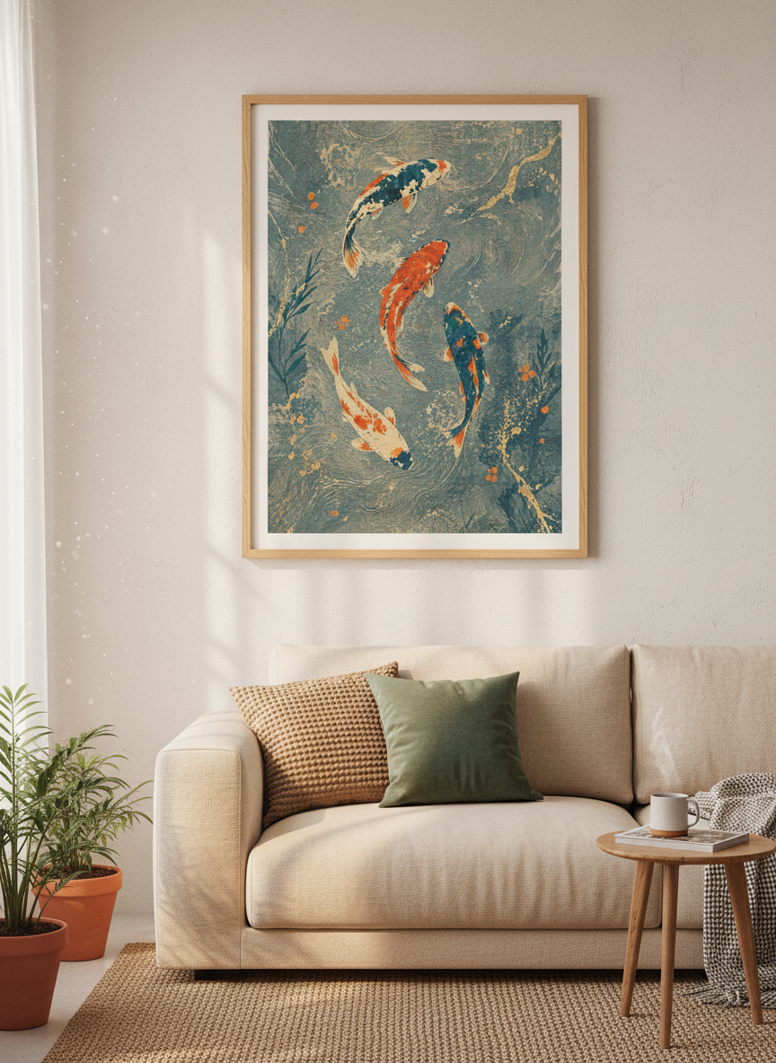 Japanese Koi Fish Wall Art Print | Teal &amp; Gold Zen Decor | Asian Style Poster