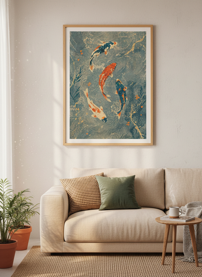 Japanese Koi Fish Wall Art Print | Teal &amp; Gold Zen Decor | Asian Style Poster
