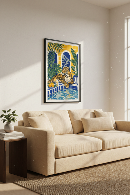 leopard pool print | Tropical Blue Yellow, Living Room
