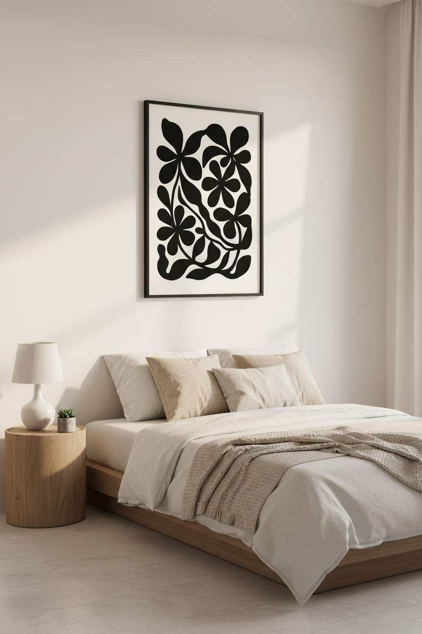 Minimalist Floral Wall Art Print | Modern Botanical Home Decor | Black &amp; Neutral Aesthetic Framed Poster