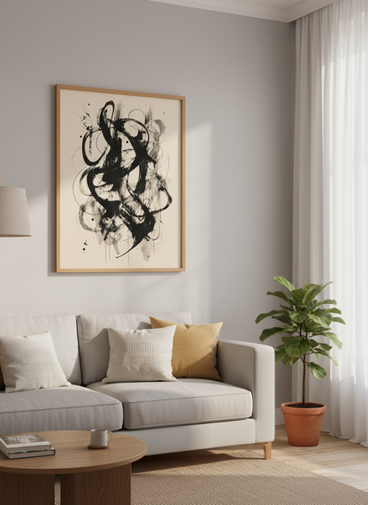 Abstract Ink Stroke Wall Art | Black and Beige Minimalist Print, Modern Office Decor