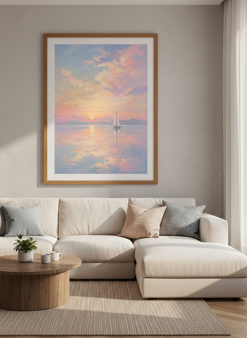 Sailboat Sunset Wall Art | Pastel Coastal Decor | Impressionist Sea Poster
