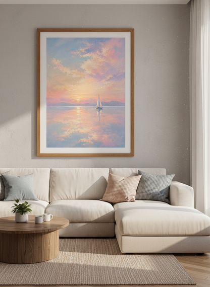 Sailboat Sunset Wall Art | Pastel Coastal Decor | Impressionist Sea Poster