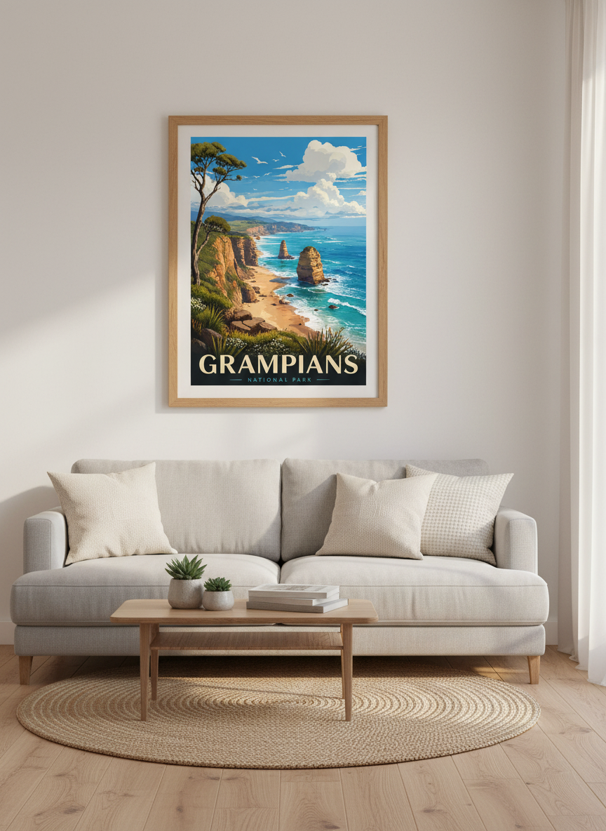 Grampians National Park Travel Poster | Australia Coastal Wall Art, Blue Beach Decor