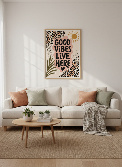 Good Vibes Live Here Wall Art | Boho Leopard Print Poster | Positive Quote Decor