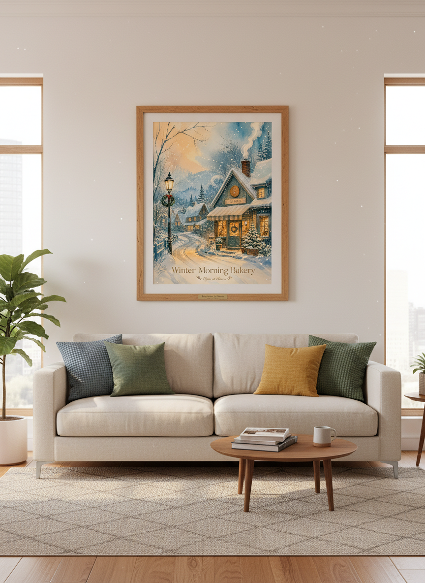 Winter Bakery Village Wall Art | Cozy Watercolor Christmas Print, Snowy Kitchen Decor