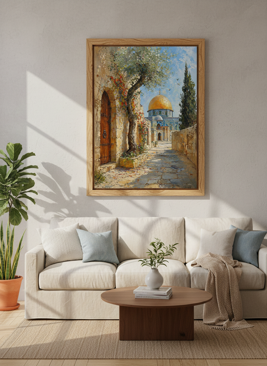 Jerusalem Dome of the Rock Wall Art | Islamic Oil Painting Decor | Gold Mosque Poster