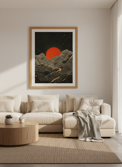 Red Sun &amp; Gold Waves Wall Art | Japanese Style Landscape | Celestial Zen Poster