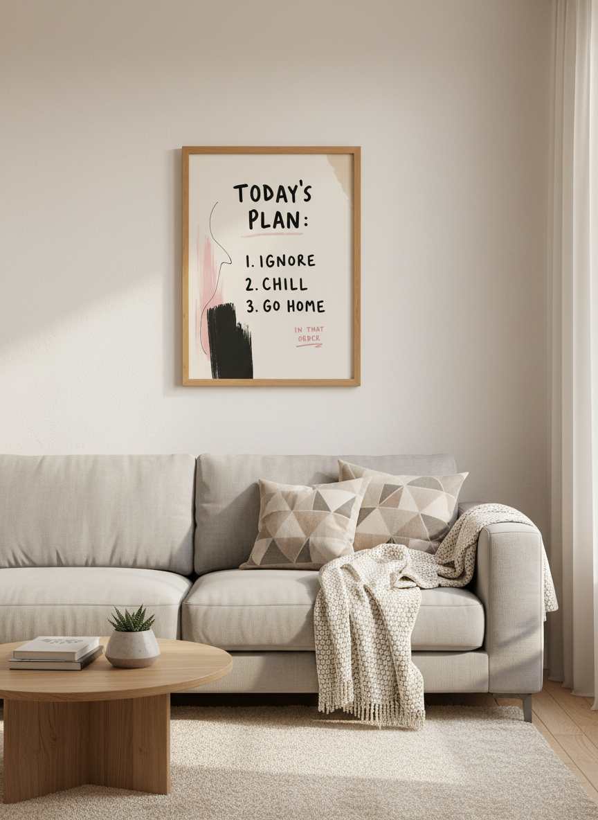 Humorous Daily Plan Wall Art | Blush Pink, Black brush strokes | Office, Bedroom Decor