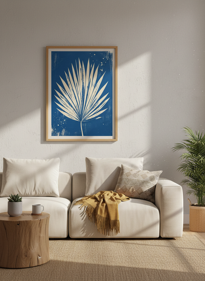 Palm Leaf Wall Art | Blue Botanical Print, Coastal Living Room Decor