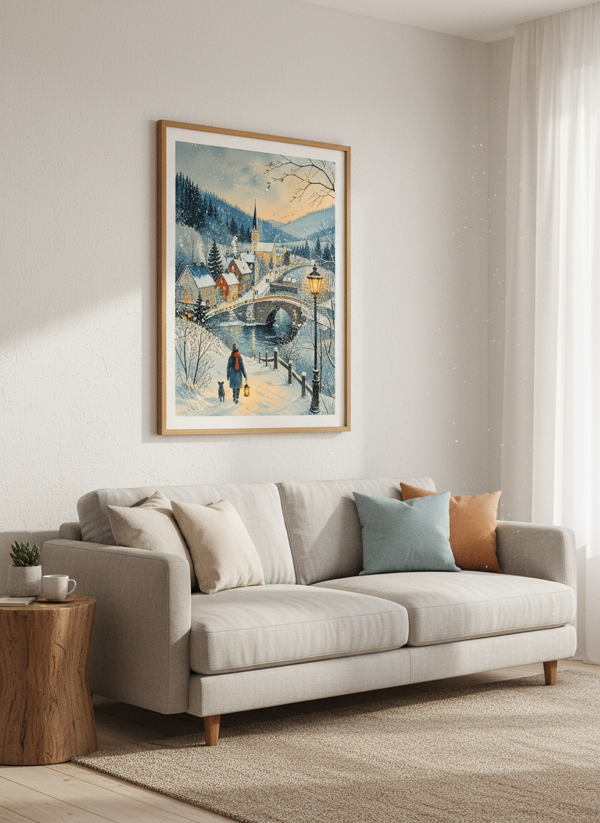 Winter Village Watercolor Art | Snowy Town Landscape, Cozy Christmas Decor Walking Dog