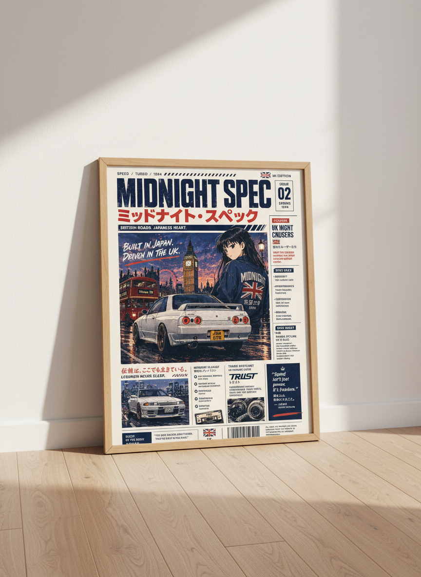 JDM Skyline R32 GTR Anime Girl Art | UK Street Car Poster | Retro 90s Car Decor