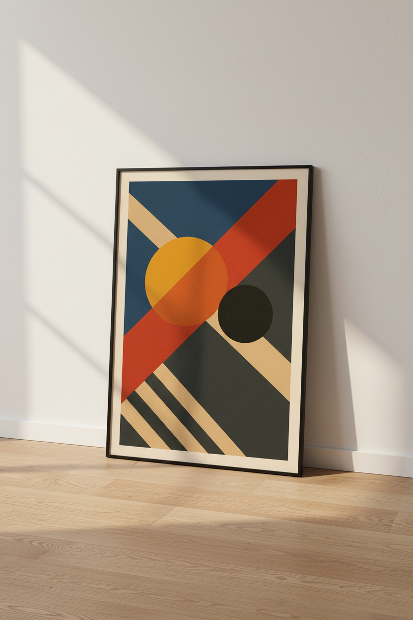 Abstract Geometric Wall Art Print | Mid Century Modern &amp; Bauhaus Decor | Living Room Poster | Minimalist Blue Orange Grey Art