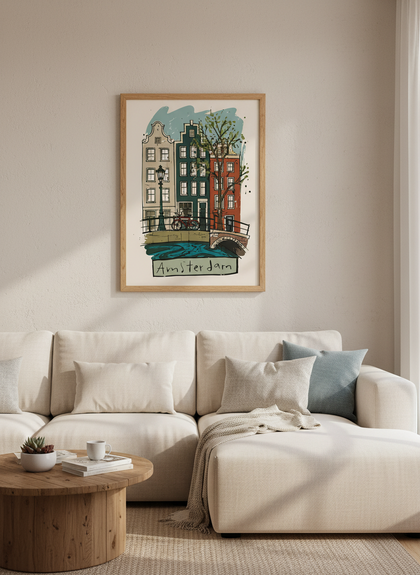 Amsterdam Canal Cityscape Wall Art | Dutch Travel Poster, Living Room Decor