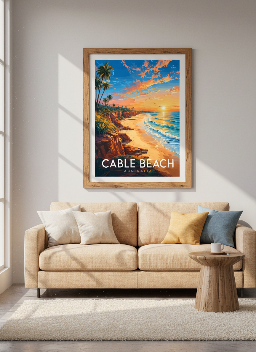 Cable Beach Australia Wall Art | Sunset Coastal Decor | Tropical Travel Poster
