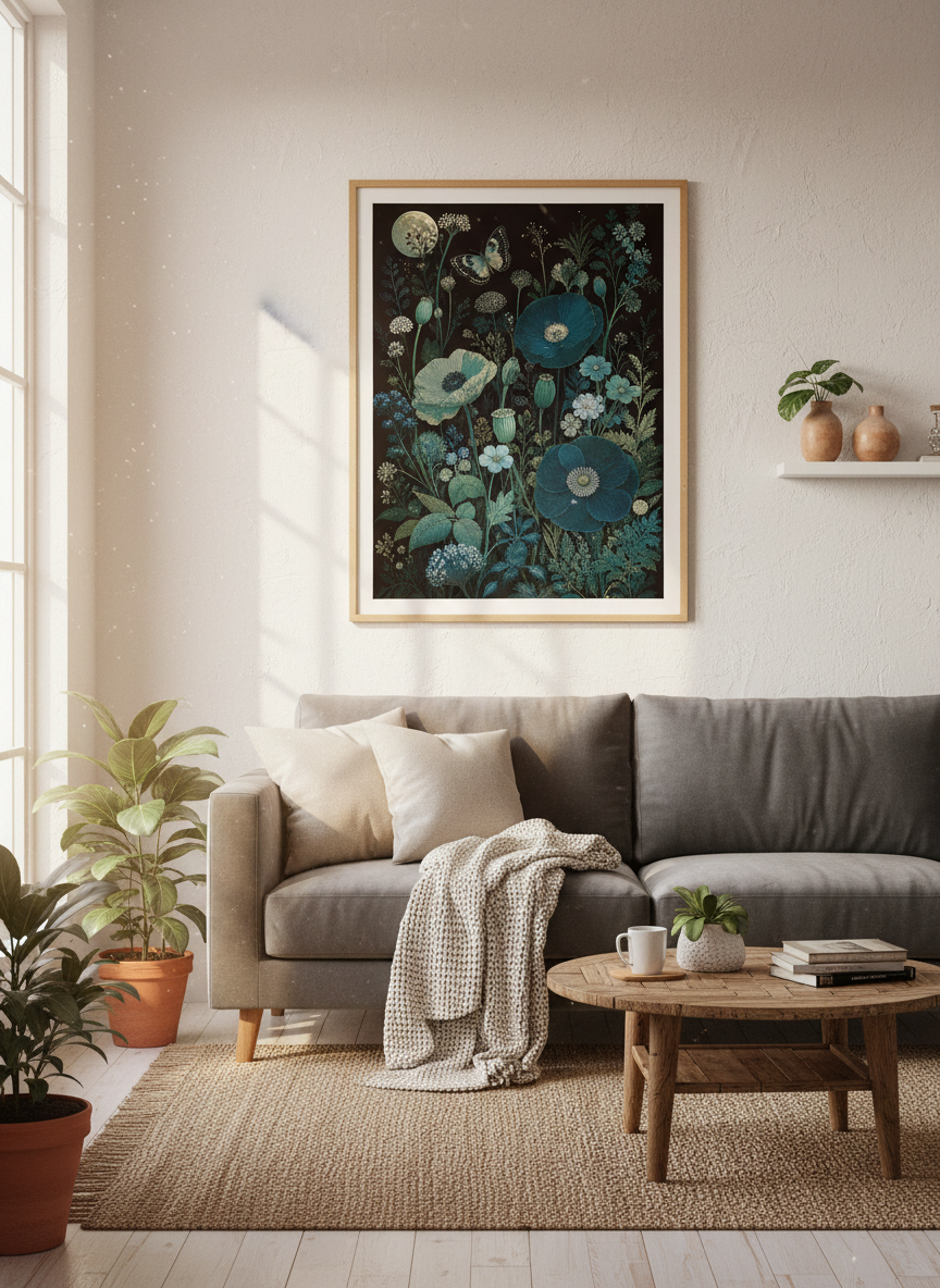 Dark Floral Moon Wall Art | Teal Poppy Botanical Decor | Moody Gothic Poster