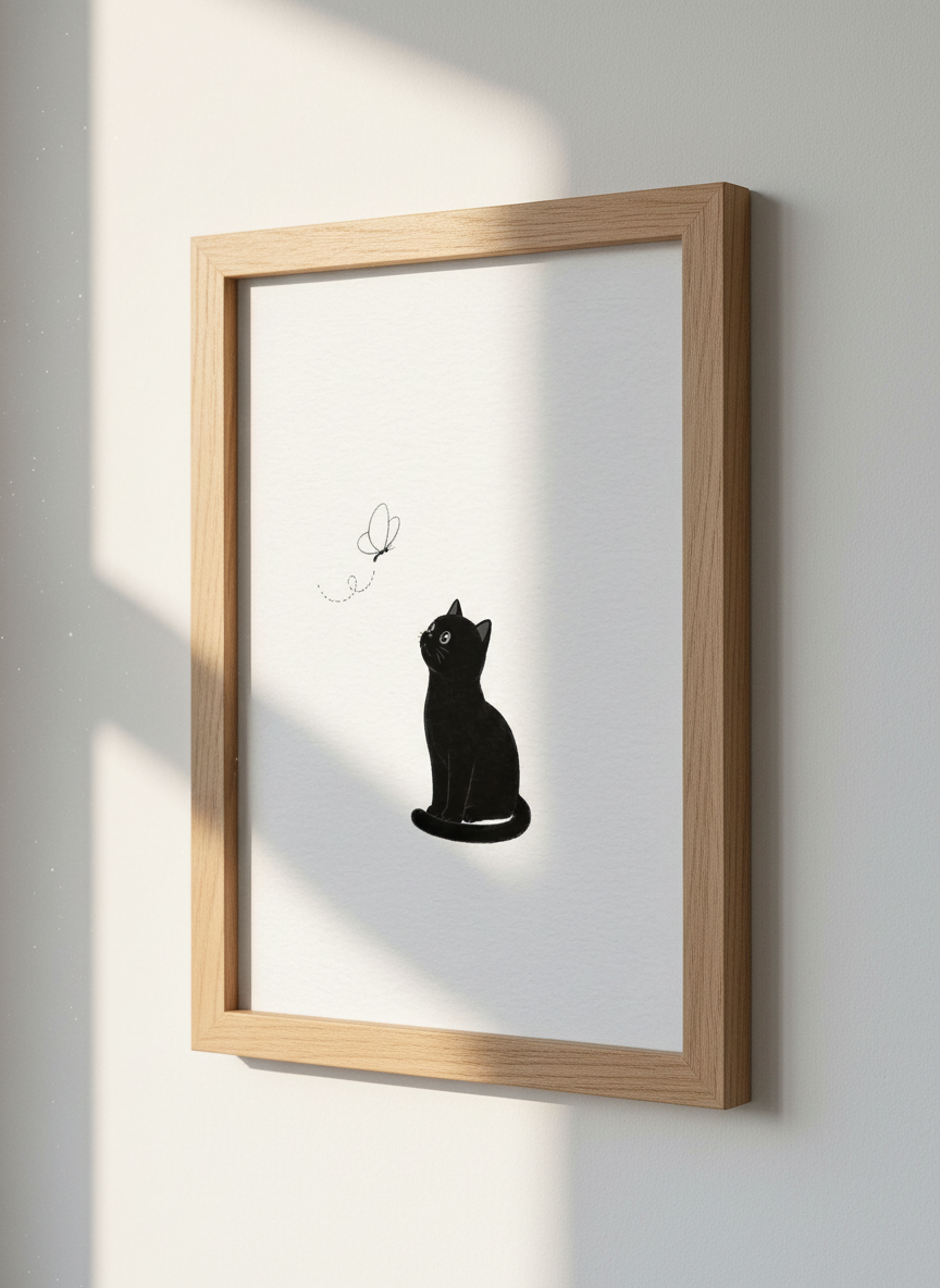 Minimalist Black Cat Wall Art Print | Boho Nursery Decor | Cute Cat Lover Poster | Framed Unframed Digital Funny Pet Art