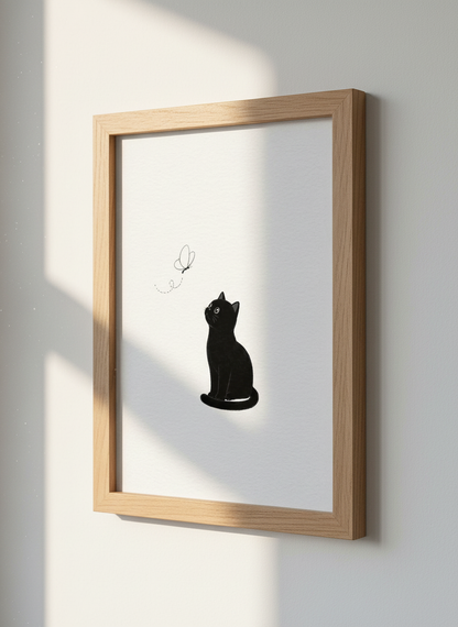 Minimalist Black Cat Wall Art Print | Boho Nursery Decor | Cute Cat Lover Poster | Framed Unframed Digital Funny Pet Art