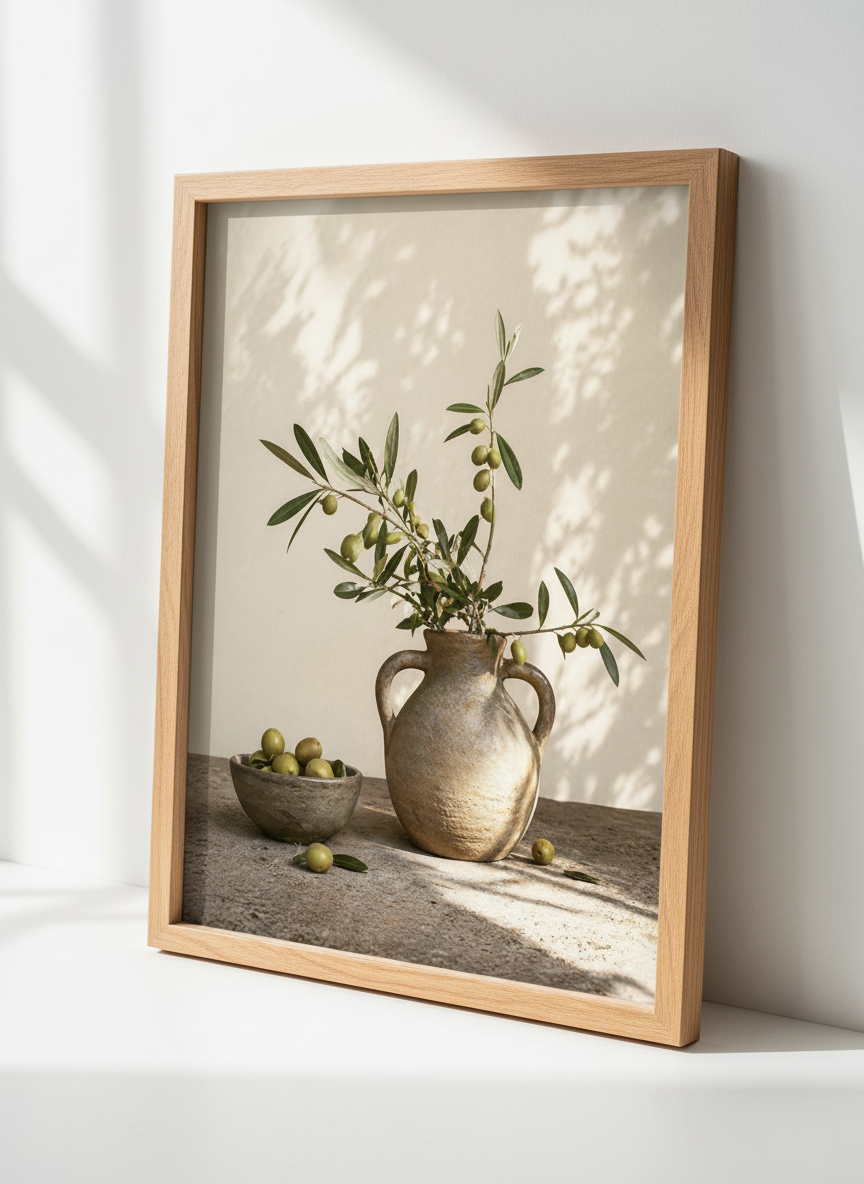 Mediterranean Olive Branch Still Life Wall Art | Kitchen Decor | Rustic Cottagecore Poster Print | Green Boho Farmhouse Digital Download