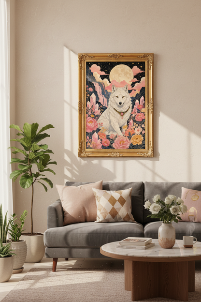 mystical wolf print | moonlit pink boho, bedroom decor