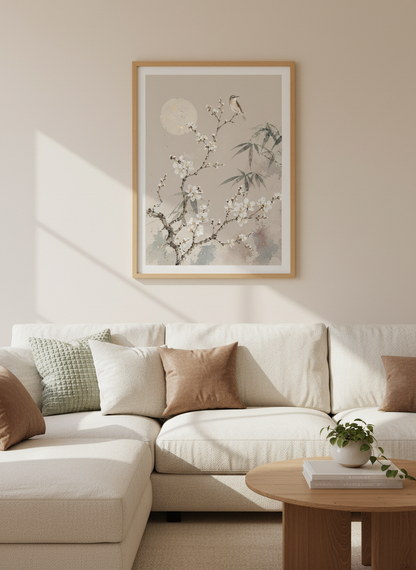 Japanese Bird &amp; Cherry Blossom Wall Art | Neutral Zen Decor | Chinoiserie Poster