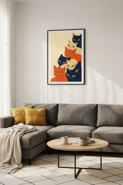 Retro Cat Poster | Midcentury Navy Orange Living Room Decor