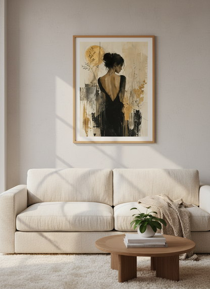 Woman in Black Dress Wall Art | Gold Abstract Portrait, Modern Aesthetic Poster