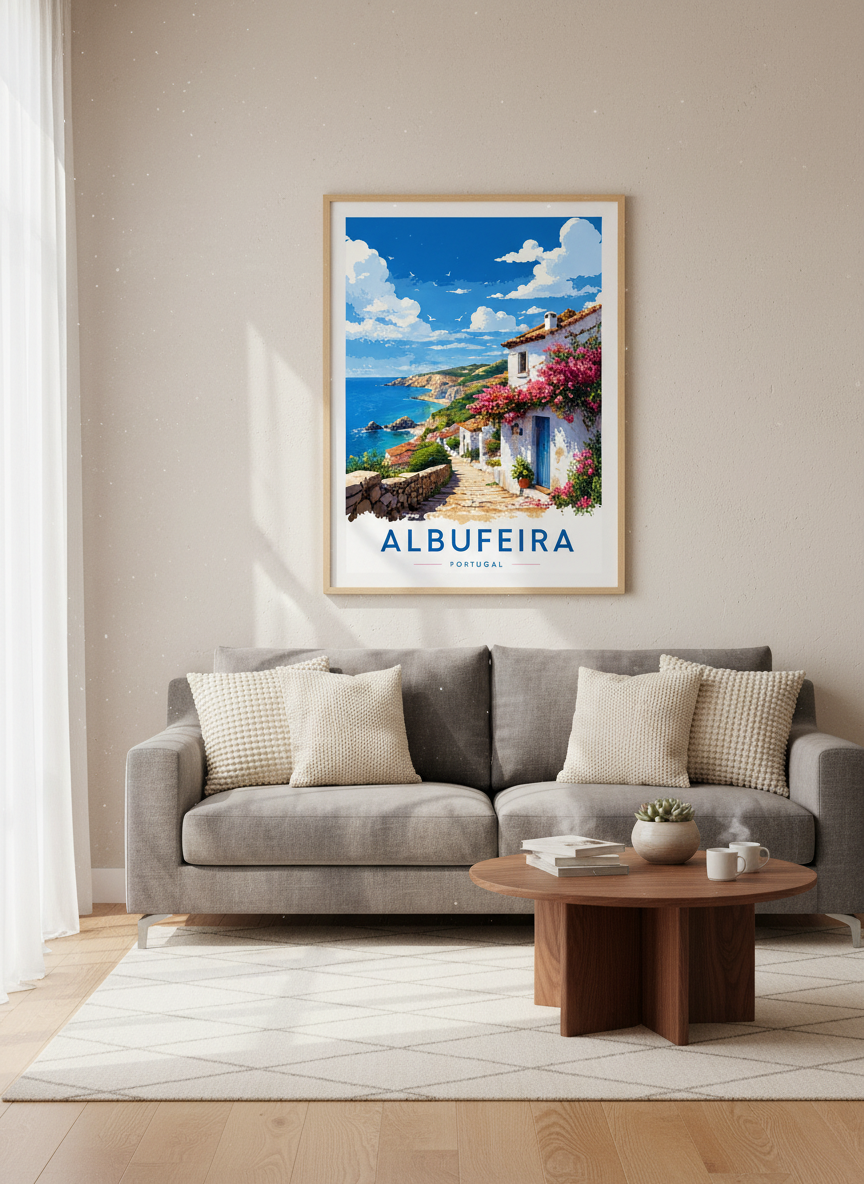 Albufeira Portugal Wall Art | Coastal Mediterranean Print, Travel Poster