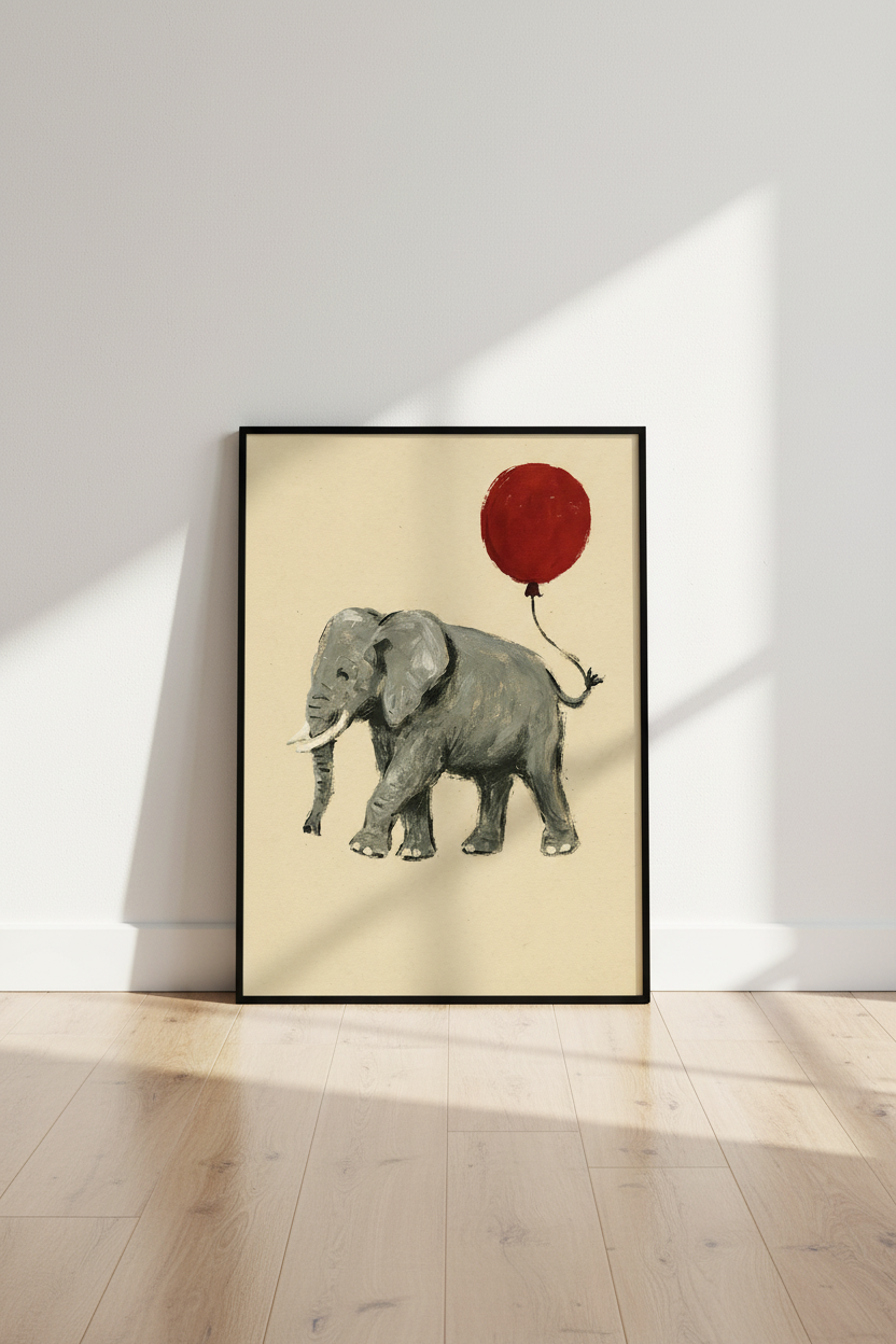 Abstract Elephant with Red Balloon Wall Art Print | Boho Nursery Decor | Whimsical Animal Poster | Playroom Art