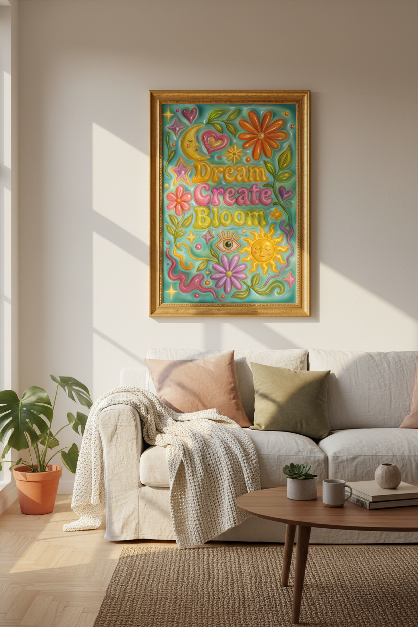 Retro Floral Poster | Colorful Boho Art, Nursery Bedroom Wall Decor