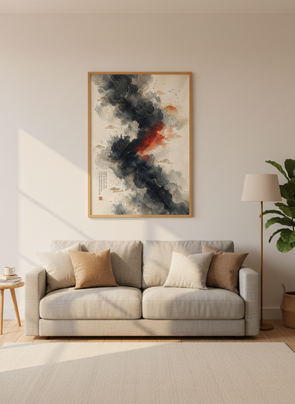 Japanese Abstract Ink Cloud Wall Art | Black Red Gold Poster | Zen Living Room Decor