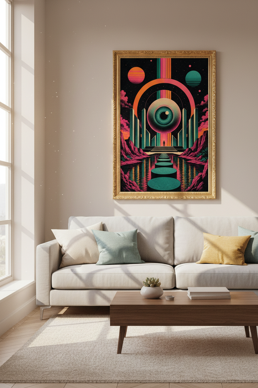 surreal eye poster | neon cosmic teal &amp; pink, living room decor