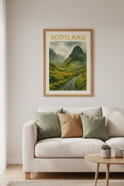 Glencoe Scotland Travel Poster - Watercolor Landscape Print, Misty Highland Wall Art, Scottish Mountain Valley Decor,A1 A2 A3 A4