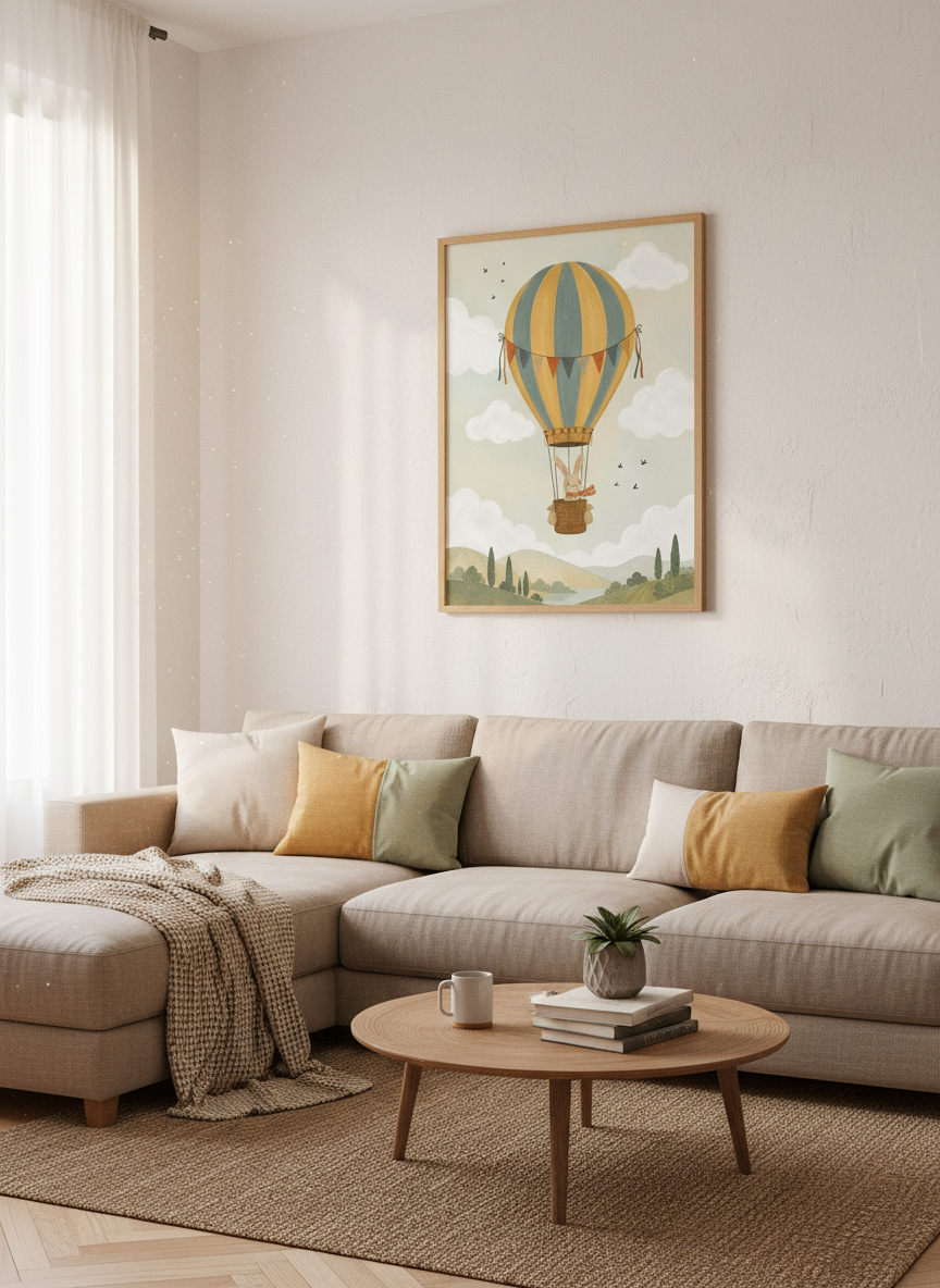 Bunny in Hot Air Balloon Art | Muted Earth Tones, Gender Neutral Nursery Decor