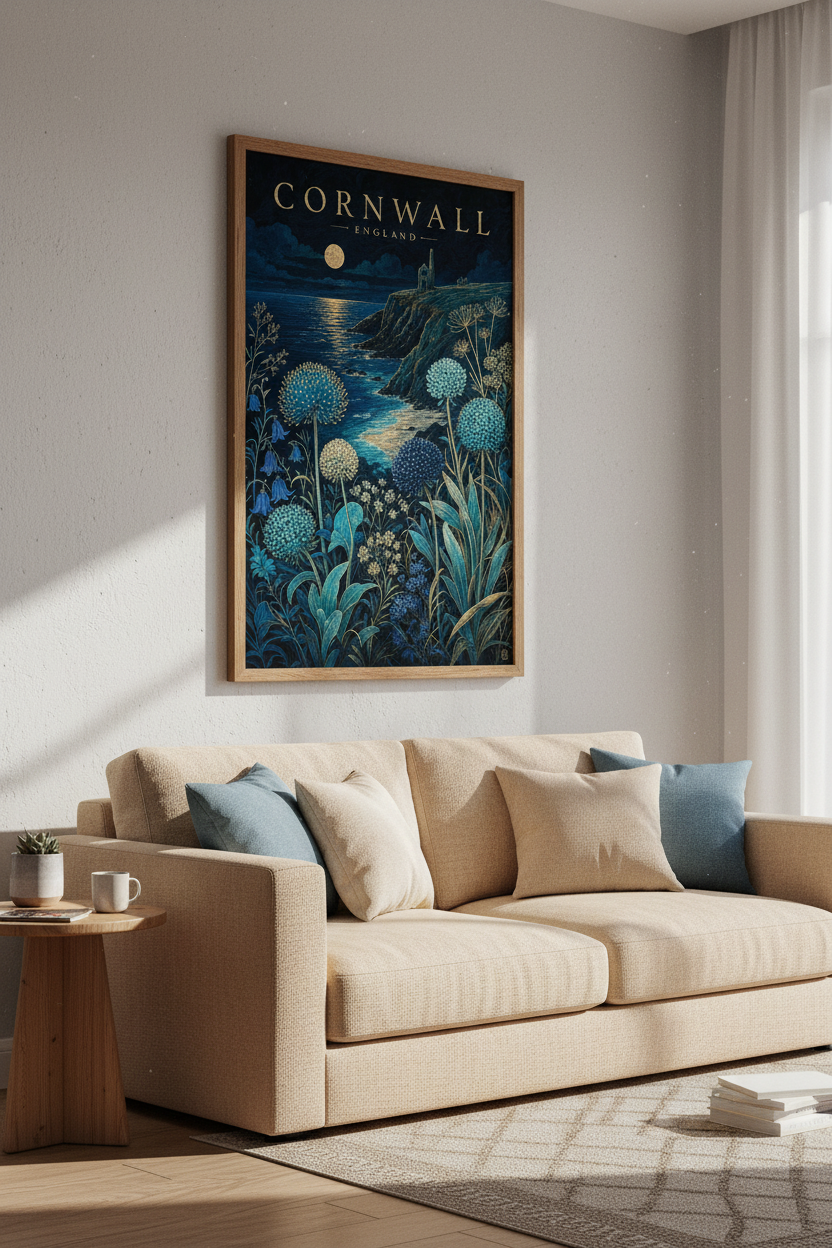Cornwall England Wall Art | Moonlit Coastal Landscape Poster, Navy Blue Room Decor