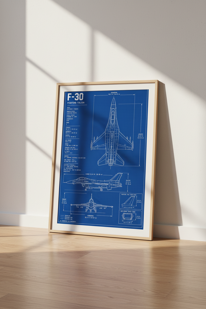F-30 Fighter Jet Blueprints Wall Art Print | Aviation Decor | Man Cave Poster | Engineering Gifts | Pilot Blueprint Jet Art