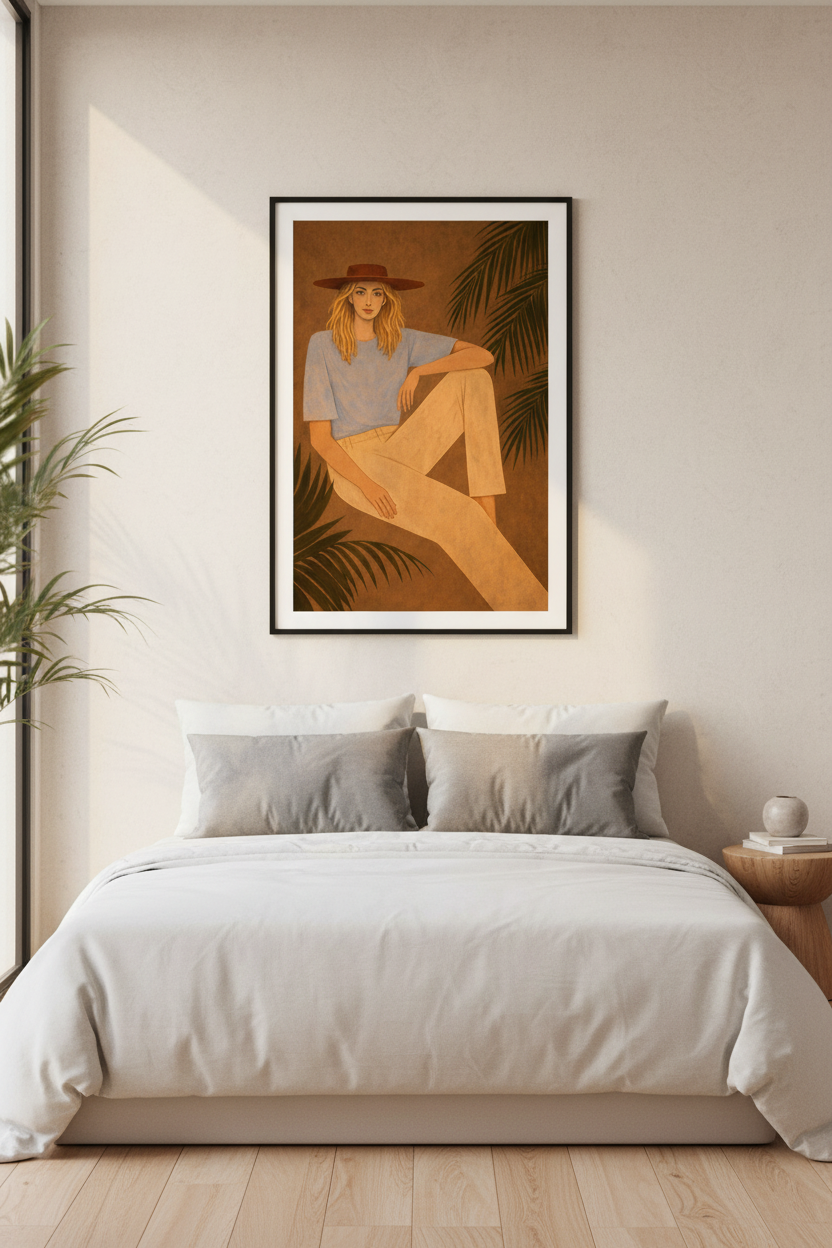 Boho Woman Portrait Wall Art Print | Mid-Century Modern Living Room Decor | Minimalist Framed Art Poster