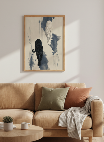 Black Panther &amp; White Tiger | Ink Wash Style, Modern Living Room Decor