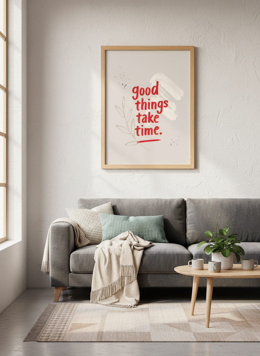 Good Things Take Time | Motivational Quote Wall Art, Beige Red Decor, Positive Vibes
