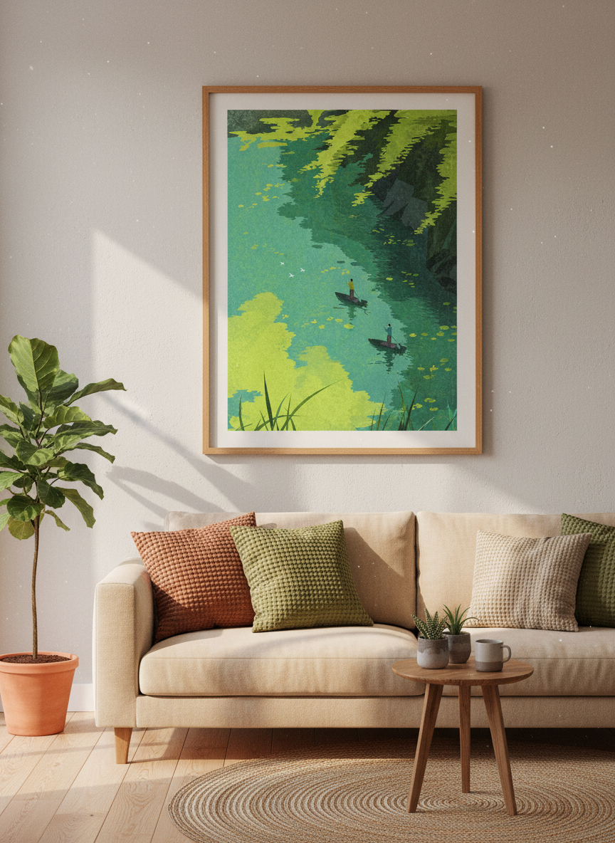 Paddleboarding River Art Print | Green Water Landscape | Nature Home Decor Poster