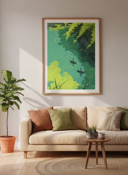 Paddleboarding River Art Print | Green Water Landscape | Nature Home Decor Poster
