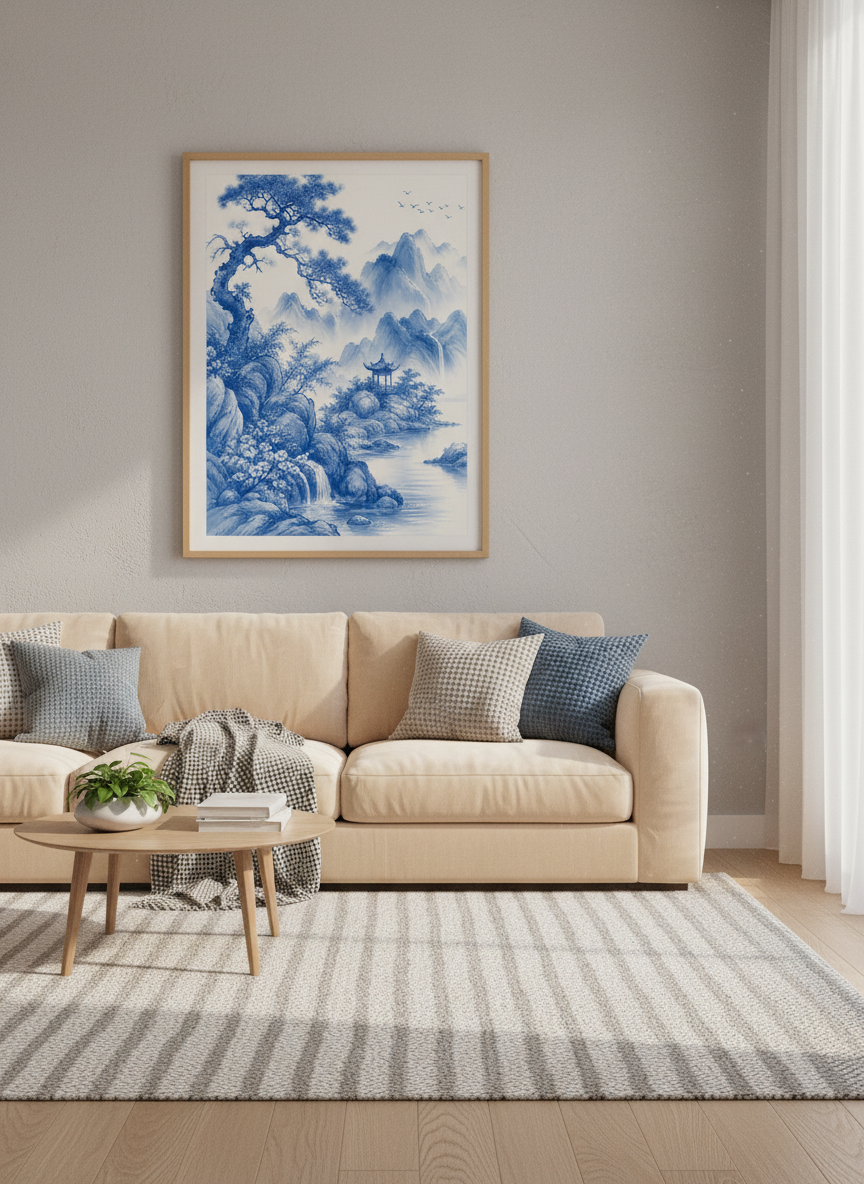 Blue and White Chinoiserie Landscape Wall Art | Mountain Pagoda Print, Zen Living Room